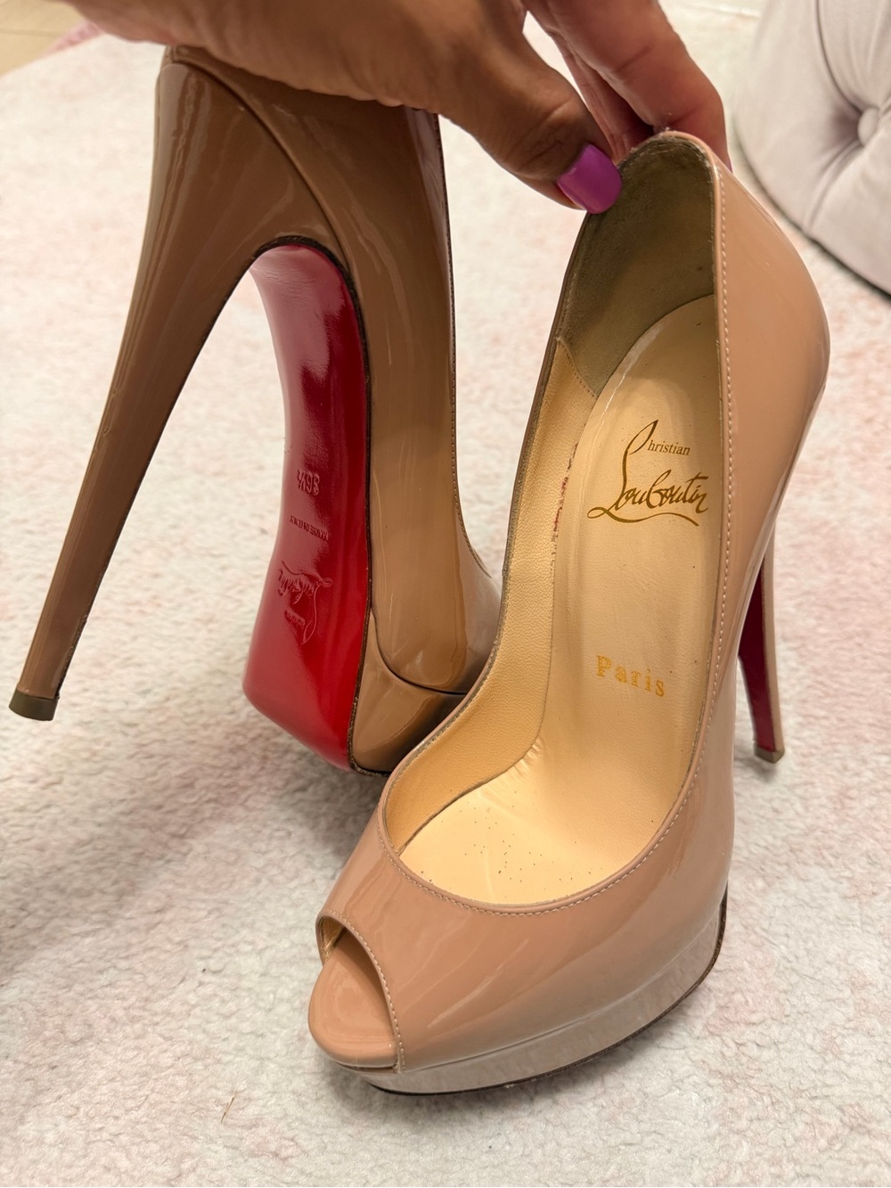 Christian Louboutin Nude Patent Peep-Toe Stiletto Pumps with Red Soles